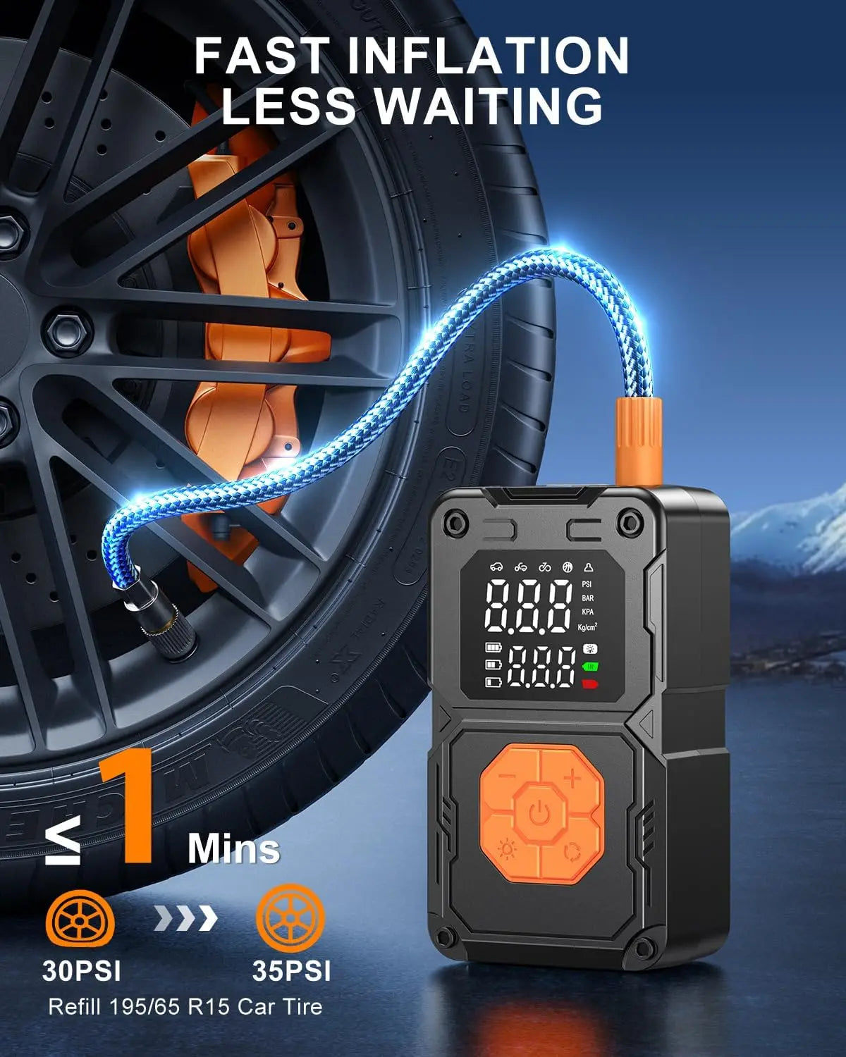 Portable Cordless Air Compressor, 150PSI Tire Inflator for Car Bike with LED Light & Gauge
