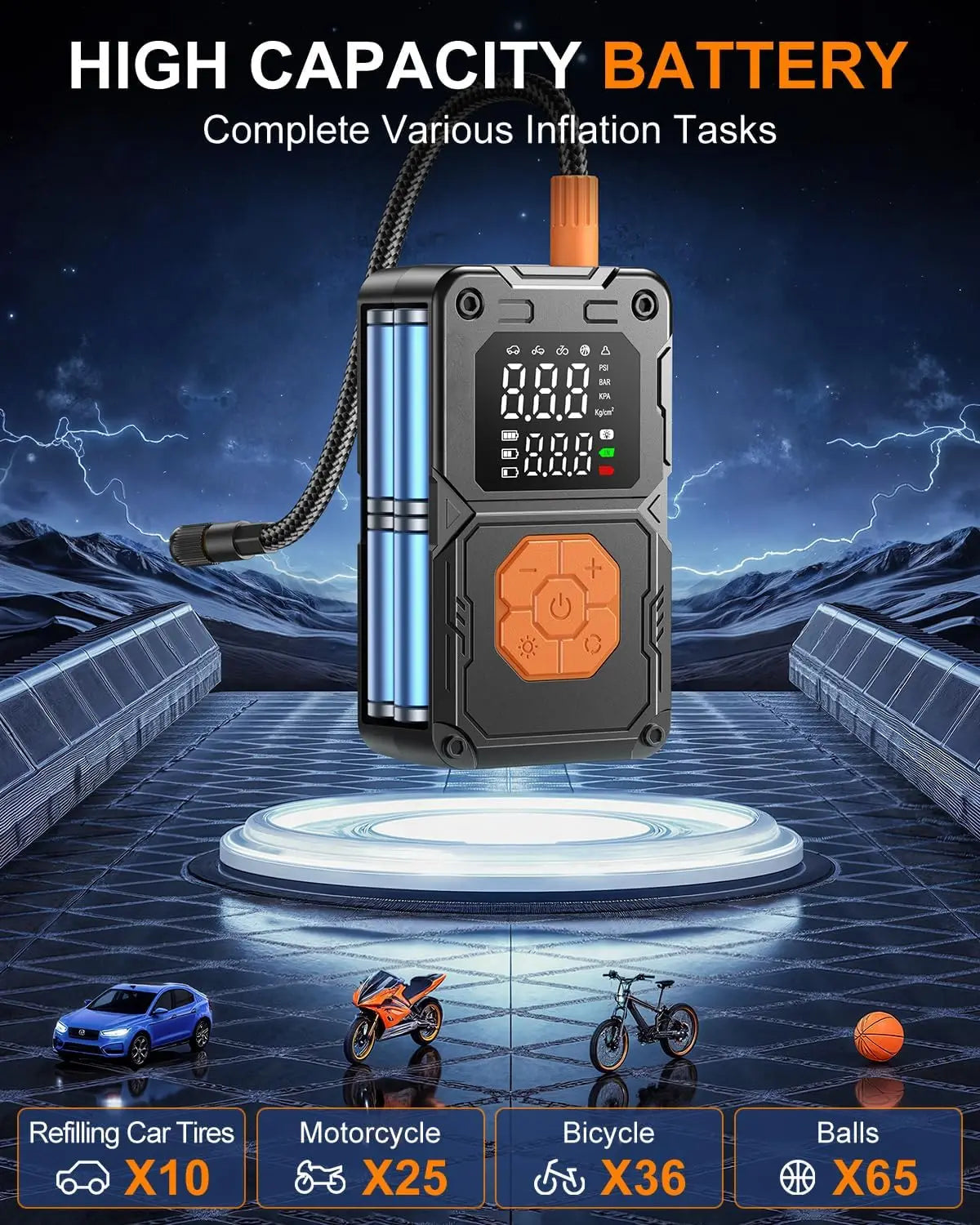 Portable Cordless Air Compressor, 150PSI Tire Inflator for Car Bike with LED Light & Gauge