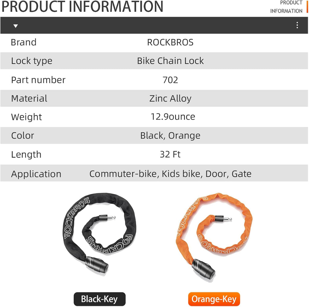 ROCKBROS Bike Lock Chain Bicycle Lock, Heavy Duty Anti Theft