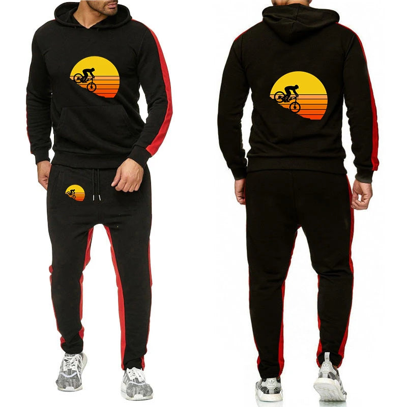 2026 Sports bike enthusiasts Print Spring And Autumn Men's New Solid Color Set Casual Long-sleeved Hoodies Sweatshirt Pants Suit