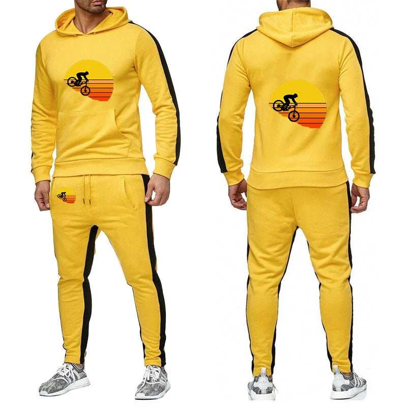 2026 Sports bike enthusiasts Print Spring And Autumn Men's New Solid Color Set Casual Long-sleeved Hoodies Sweatshirt Pants Suit