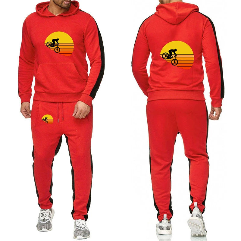 2026 Sports bike enthusiasts Print Spring And Autumn Men's New Solid Color Set Casual Long-sleeved Hoodies Sweatshirt Pants Suit