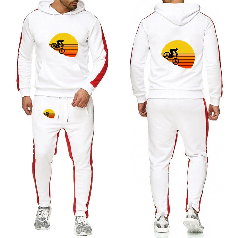 2026 Sports bike enthusiasts Print Spring And Autumn Men's New Solid Color Set Casual Long-sleeved Hoodies Sweatshirt Pants Suit