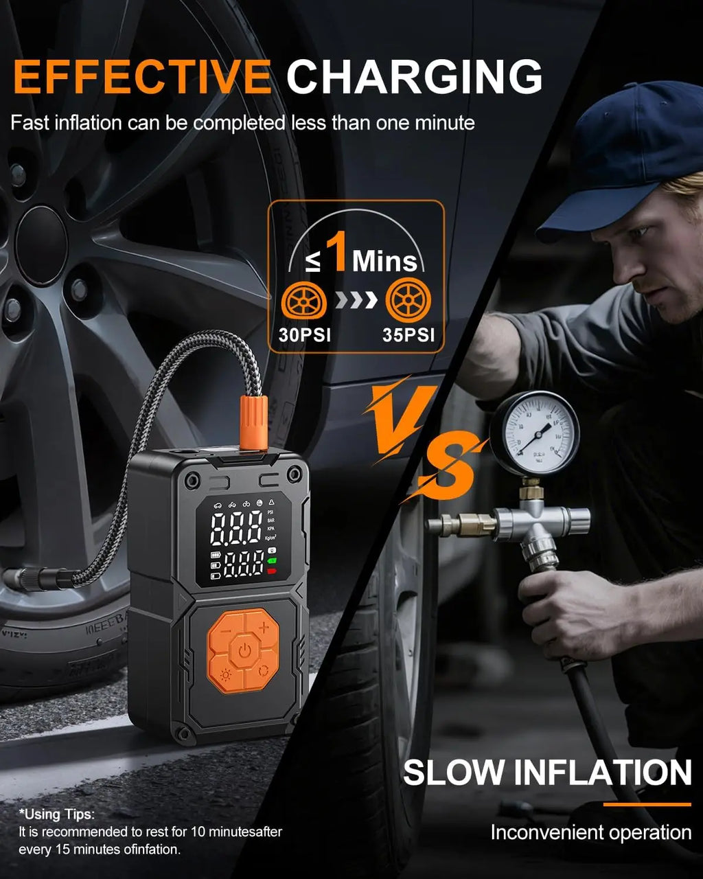 Portable Cordless Air Compressor, 150PSI Tire Inflator for Car Bike with LED Light & Gauge