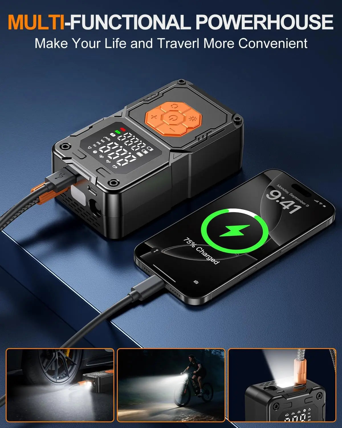 Portable Cordless Air Compressor, 150PSI Tire Inflator for Car Bike with LED Light & Gauge