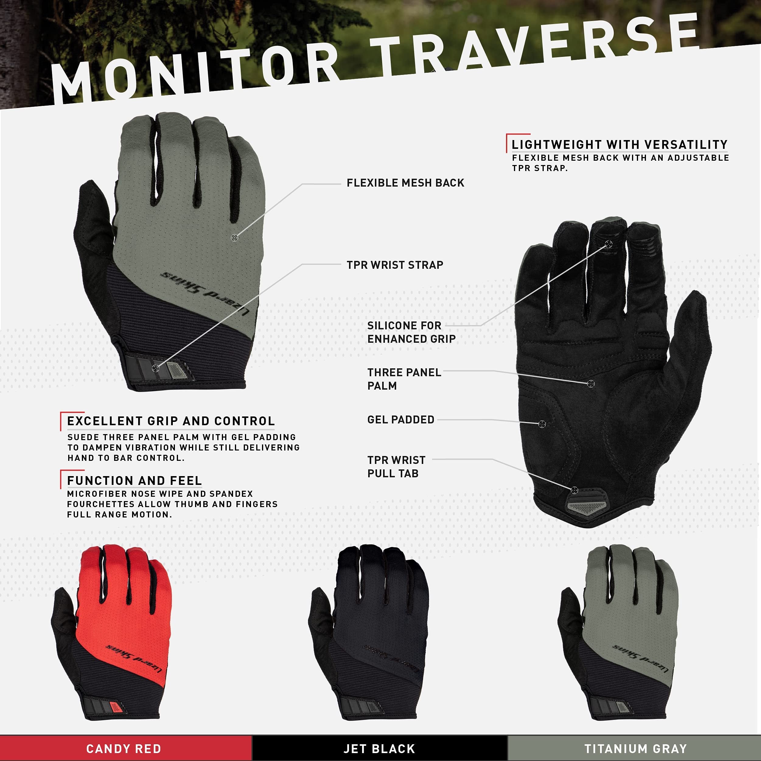 Lizard Skins Monitor Traverse Unisex Cycling Gloves – Long Finger Bike Gloves – 3 Colors