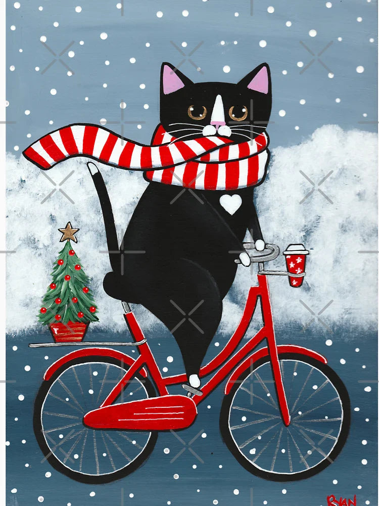 Tuxedo Cat Winter Bicycle Ride